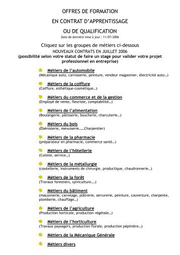 offres de formation en contrat d'apprentissage ou de qualification