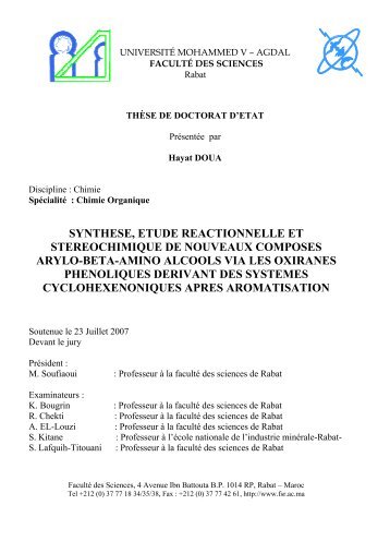 synthese, etude reactionnelle et stereochimique de ... - Toubkal