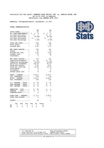 Statistik fÃ¼r das Spiel: HAMBURG BLUE DEVILS ... - Football-Stats.de