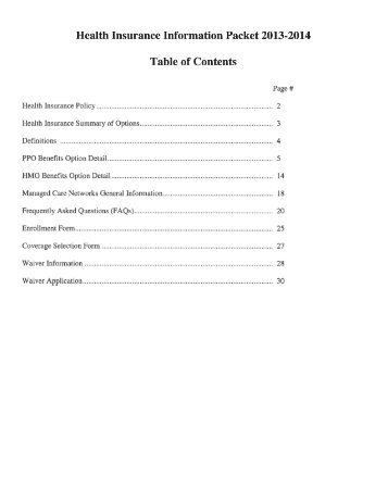 Health Insurance Information Packet 2013-2014 Table of Contents