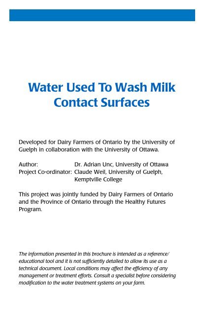 Water Used To Wash Milk Contact Surfaces - Dairy Farmers of Ontario