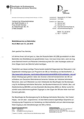 Verband der KÃ¶rperbehinderten der Stadt Dresden e. V. Frau Annett ...