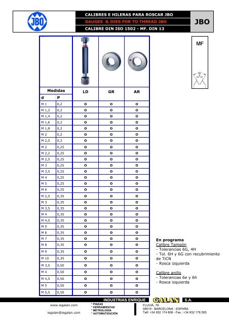 JBO - Calibres tampón y anillo - Industrias Enrique Galán, SA