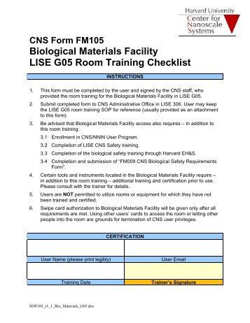 Biological Materials Facility LISE G05 Room Training Checklist
