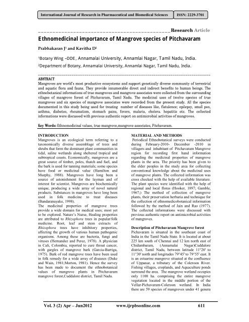 Ethnomedicinal importance of Mangrove species of Pitchavaram