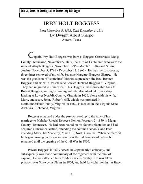 The Saga of Irby Holt Boggess & his founding of St. Jo ... - D. A. Sharpe
