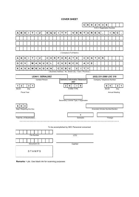 COVER SHEET CE 0 2 5 3 6 ABOITIZEQUITYVENTURES , INC . x