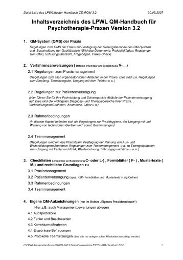 Inhaltsverzeichnis des LPWL QM-Handbuch fÃ¼r Psychotherapie ...