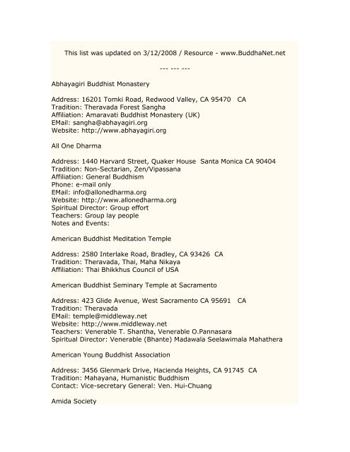 A list of California Buddhist Centers - in PDF - Urban Dharma