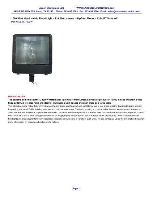 1000 Watt Metal Halide Flood Light - 110,000 ... - Magnalight.com