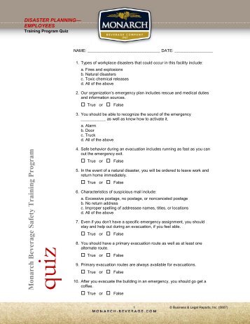 Disaster Planning Quiz - Employees - Monarch Beverage