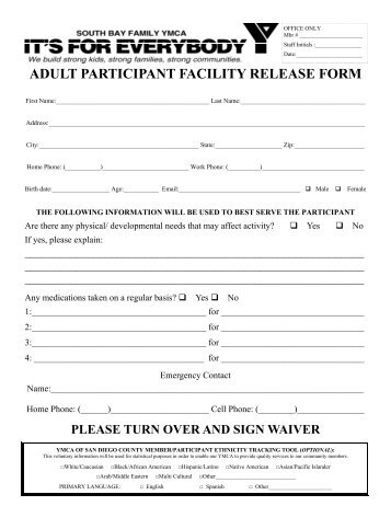 Adult Participant Facility Release Form - South Bay Family YMCA ...