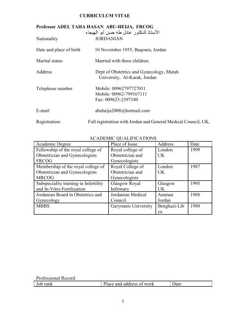 Form (A) CURRICULUM VITAE - Gyn Bethlehem 2012