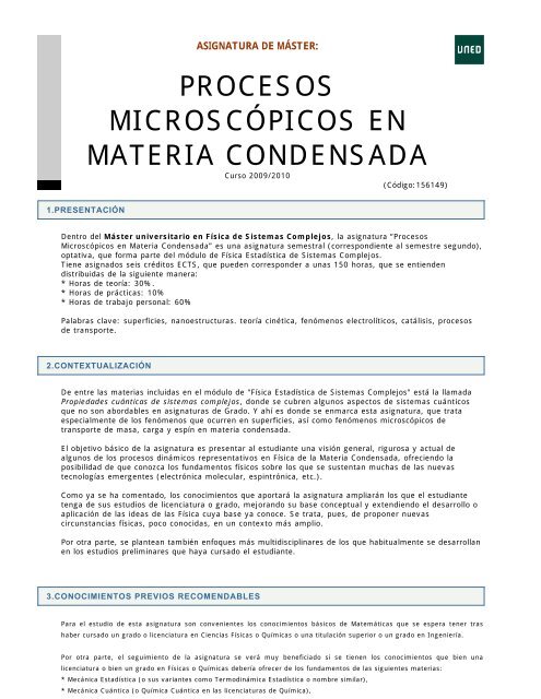 procesos microscÃ³picos en materia condensada - Inicio - UNED