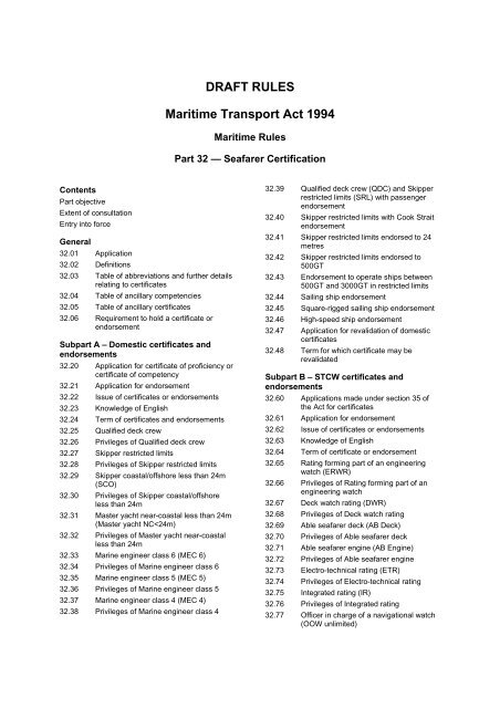 Draft Rule Part 32: Seafarer certification - Maritime New Zealand