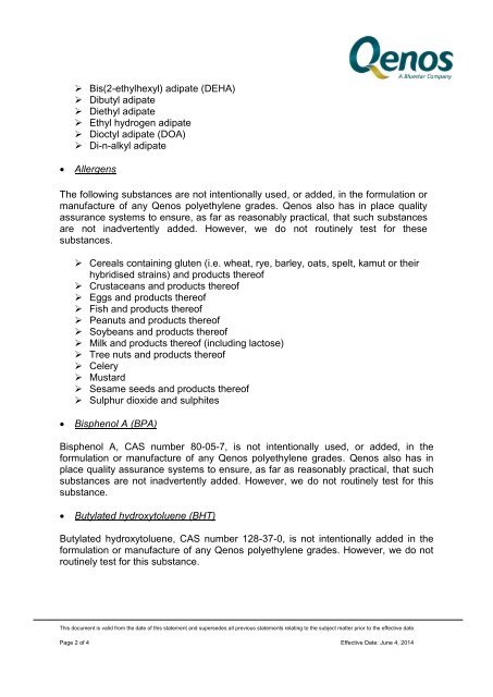 Regulatory Data Sheet - Qenos