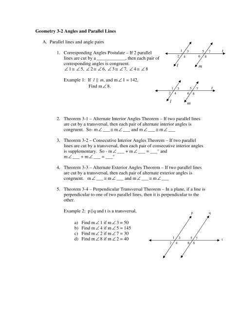 Geometry 3-2 Angles and Parallel Lines A. Parallel lines and angle Geometry 3-2 Angles and Parallel Lines A. Parallel lines and angle