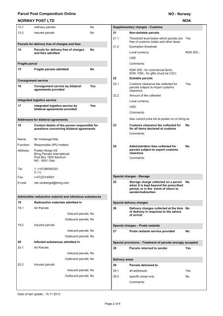 Parcel Post Compendium Online NORWAY POST LTD NOA NO ...