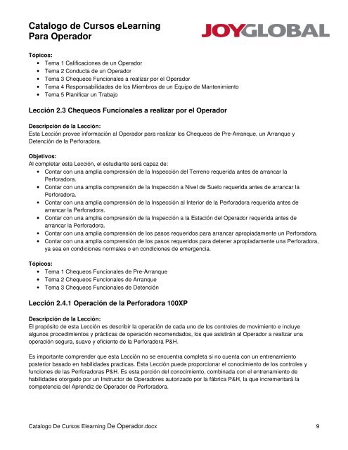 Catalogo de Cursos eLearning Para Operador - P&H Mining ...