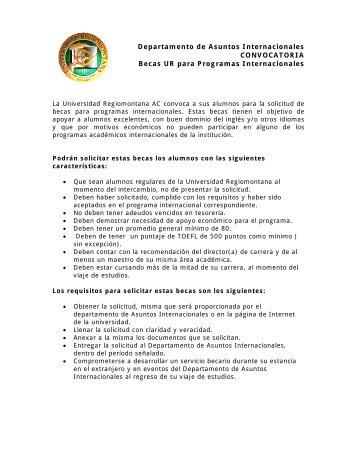 Departamento de Asuntos Internacionales CONVOCATORIA Becas ...