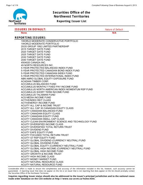 Securities Office Of The Northwest Territories