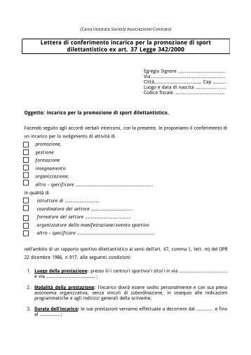 Lettera di conferimento incarico per la promozione di sport ...