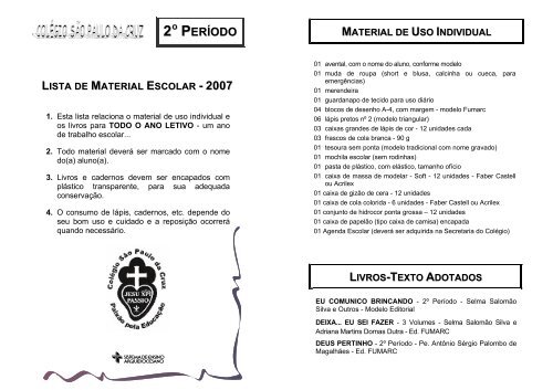 2º período material de uso individual - Colégio São Paulo da Cruz