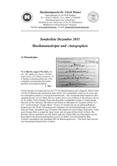 Manuskripte und Autographen - Musikantiquariat Dr. Ulrich DrÃ¼ner