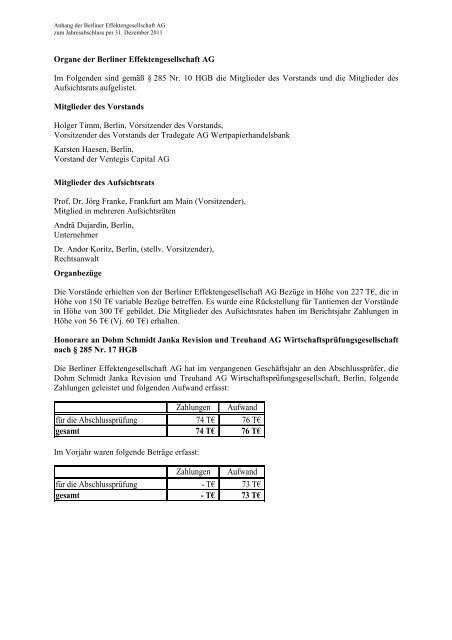 Bilanz zum 31. Dezember 2011 der Berliner Effektengesellschaft AG ...