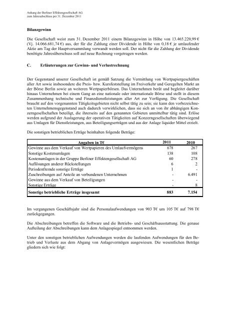 Bilanz zum 31. Dezember 2011 der Berliner Effektengesellschaft AG ...