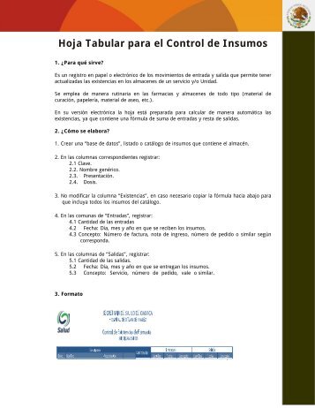 Hoja Tabular para el Control de Insumos
