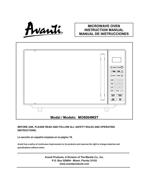 MO8004MST MICROWAVE OVEN INSTRUCTION Avanti Products