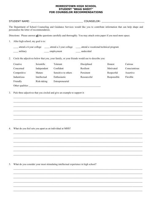 Student Brag Sheet Activities Self Report MorristownHighSchool 