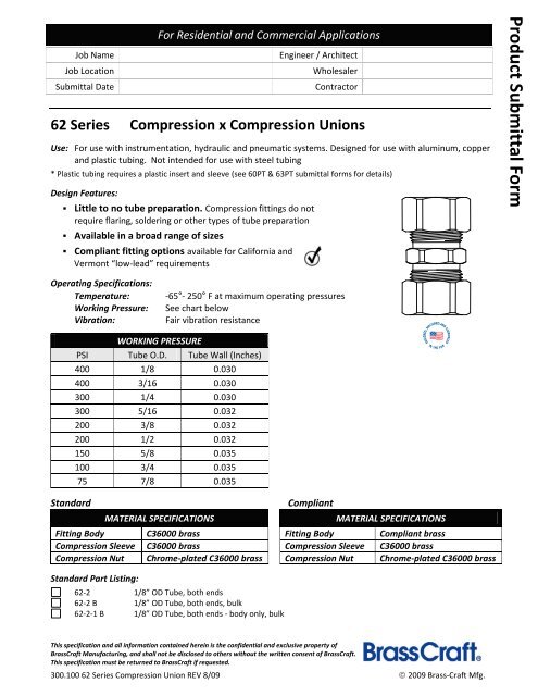 300.100 62 Series Compression Union REV 8/09 - BrassCraft
