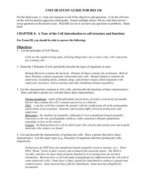 UNIT III STUDY GUIDE FOR BIO 156 CHAPTER 4: A Tour of the Cell Sns-Brigh10