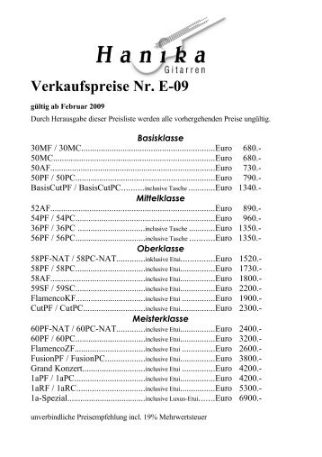 Hanika-Preisliste - Musikladen Haidinger