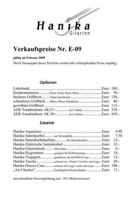 Hanika-Preisliste - Musikladen Haidinger