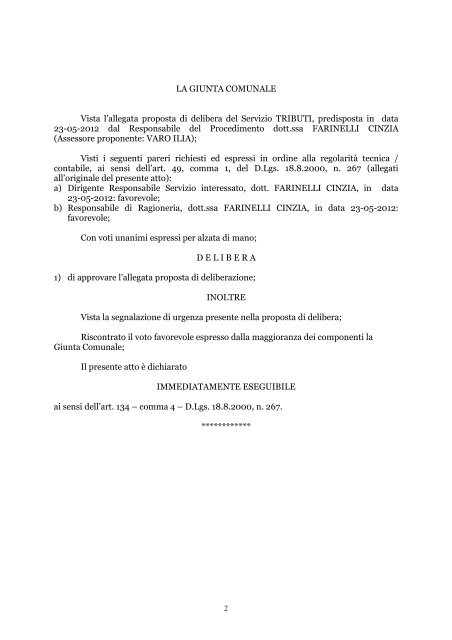 Delibera tariffe TARSU 2012 - Comune di Riccione