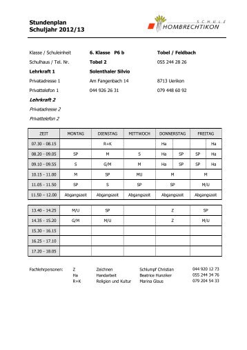 Stundenplan Schuljahr 2012/13 - Schule Hombrechtikon