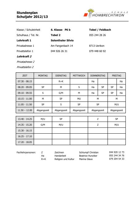 Stundenplan Schuljahr 2012/13 - Schule Hombrechtikon