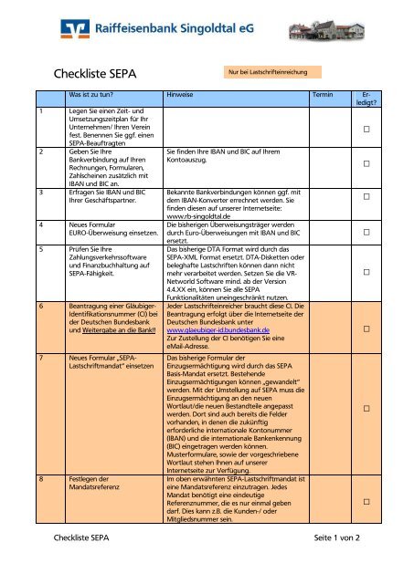 Checkliste SEPA - Raiffeisenbank Singoldtal eG