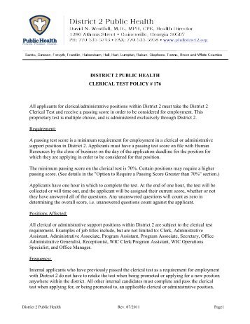 DISTRICT 2 PUBLIC HEALTH CLERICAL TEST POLICY # 176 All ...