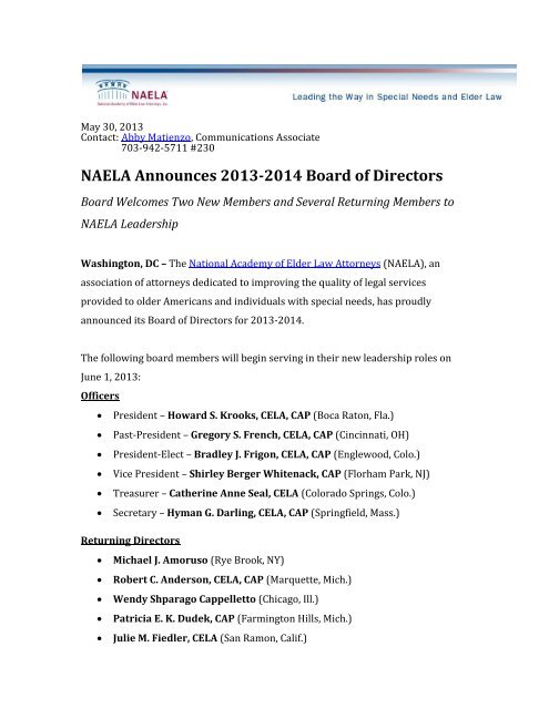 NAELA Announces 2013-2014 Board of Directors - National ...