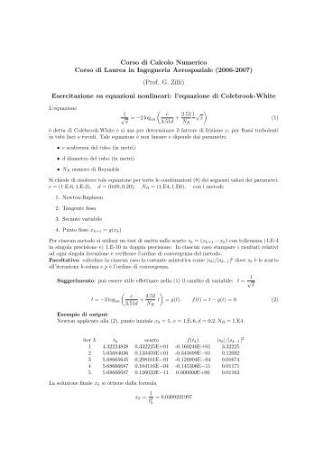 1.b Colebrook-Gas - Metodi e Modelli matematici per le scienze ...