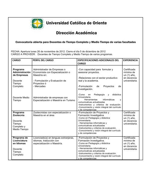 Convocatoria abierta para varios docentes - Universidad CatÃ³lica ...