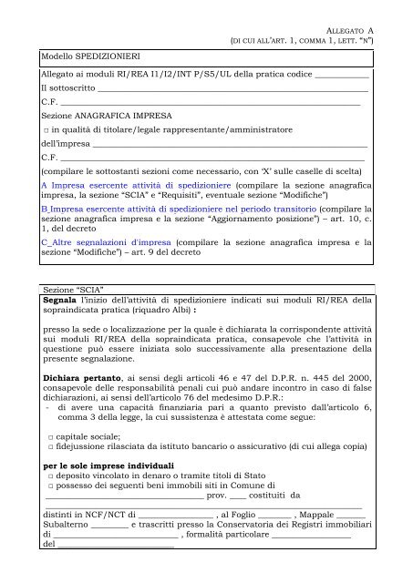 Modello SPEDIZIONIERI - Camera di commercio di Taranto