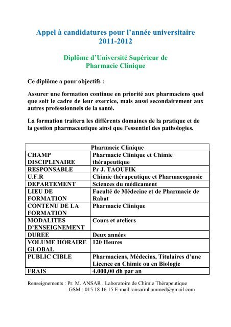 Fiche De Presentation Du Pc Faculte De Medecine Et De