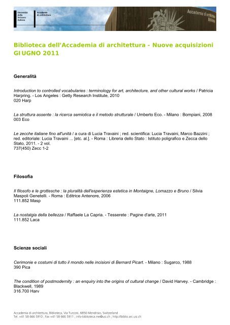 Nuove acquisizioni GIUGNO 2011 - Biblioteca dell'Accademia di ...