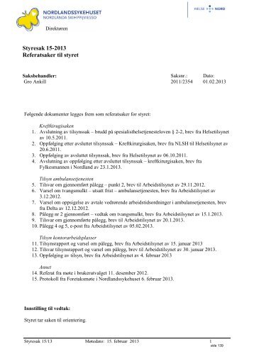 Styresak 15-2013 Referatsaker til styret - Nordlandssykehuset