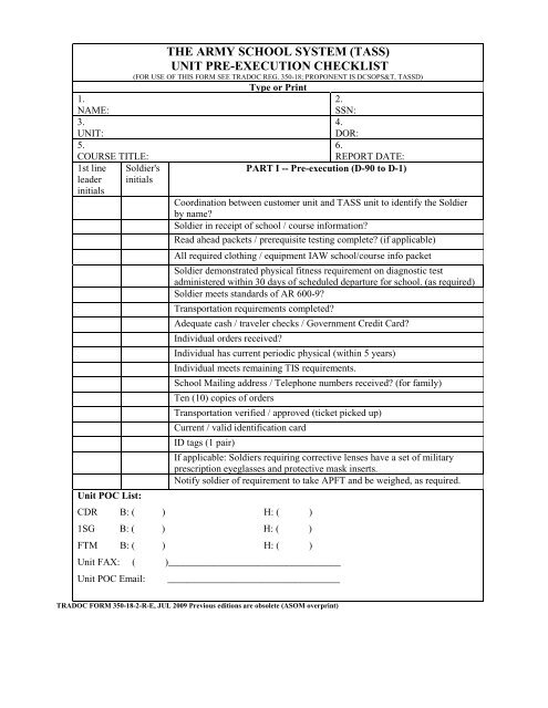 (tass) unit pre-execution checklist